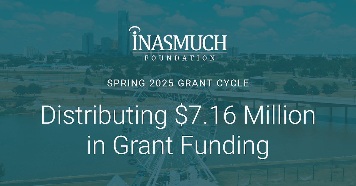 A photo of the Oklahoma City skyline with a teal blue overlay. White text on top says the Inasmuch Foundation logo and "Spring 2025 Grant Cycle, Distributing $7.16 Million n Grant Funding"