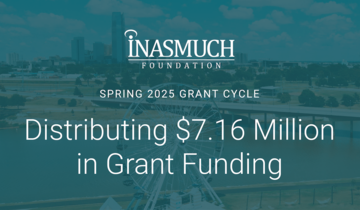 A photo of the Oklahoma City skyline with a teal blue overlay. White text on top says the Inasmuch Foundation logo and "Spring 2025 Grant Cycle, Distributing $7.16 Million n Grant Funding"