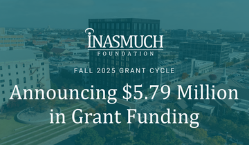 A photo of the Oklahoma City skyline with a teal blue overlay. White text on top says the Inasmuch Foundation logo and "Fall 2025 Grant Cycle, Announcing $5.79 Million n Grant Funding"